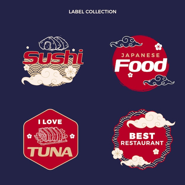 Flat design asian food label collection