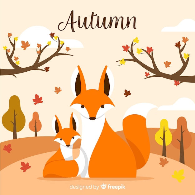 Flat design autumn background with animals