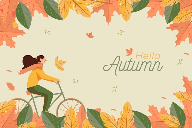 Flat design autumn background with woman and bicycle