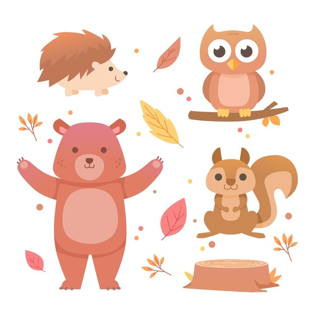 Flat design autumn forest animals collection