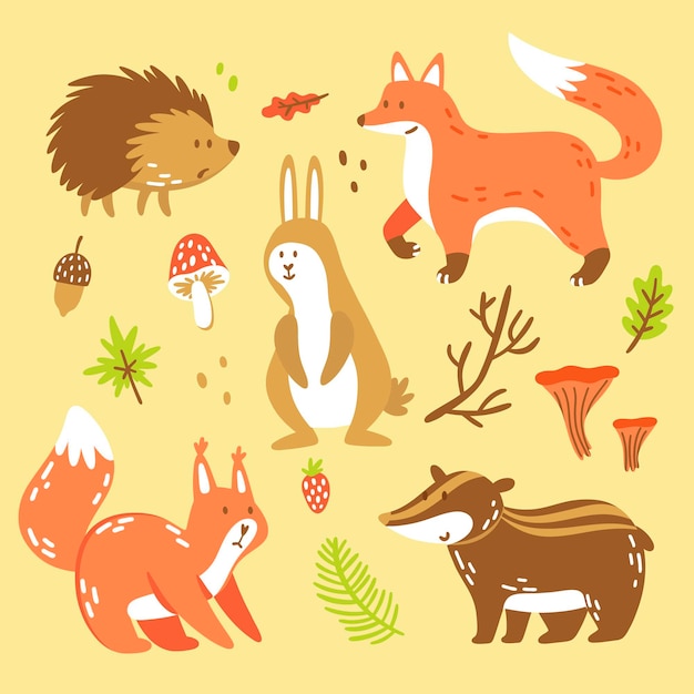 Flat design autumn forest animals collection