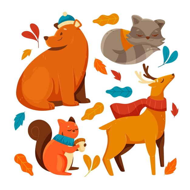 Flat design autumn forest animals