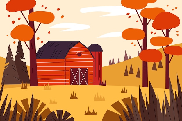 Free vector flat design autumn landscape with barn