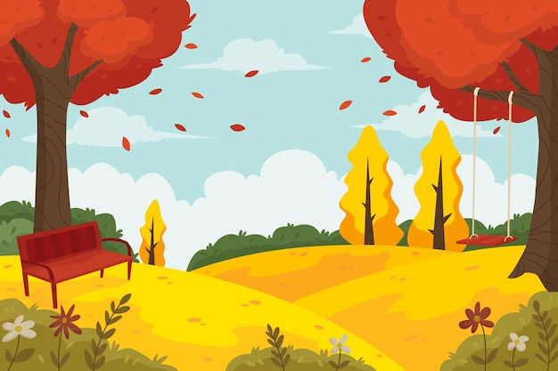 Flat design autumn landscape with bench