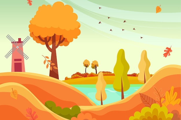 Free vector flat design autumn landscape with windmill