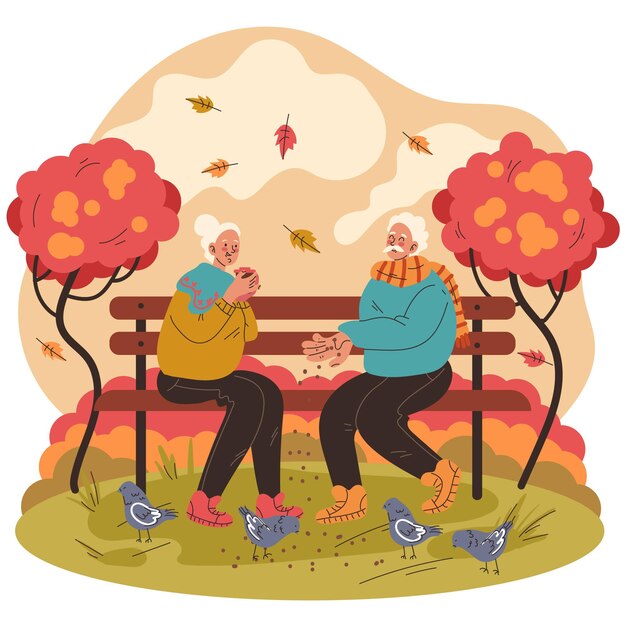 Flat design autumn people feeding birds