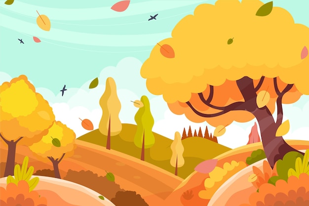 Flat design autumn view with falling leaves