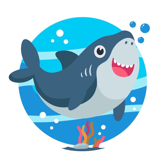 Flat design baby shark in cartoon style