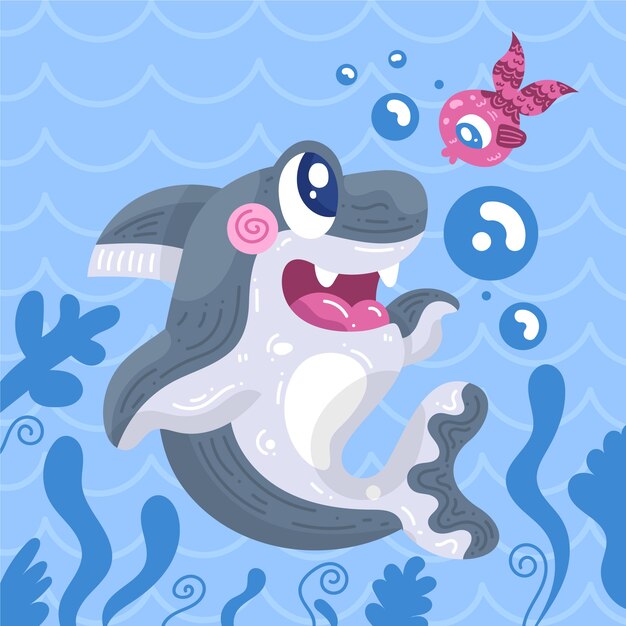 Flat design baby shark and fish