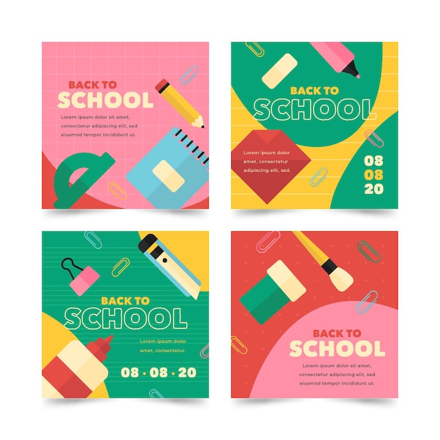 Free vector flat design back to school instagram posts pack