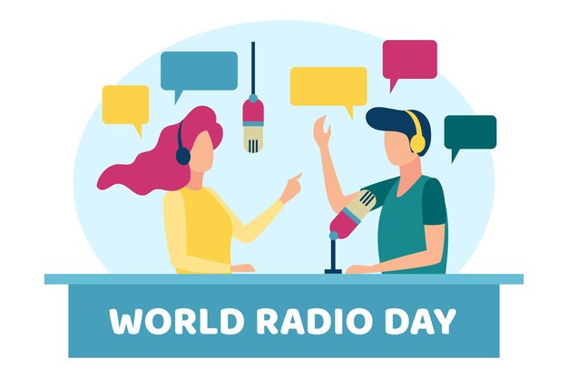 Flat design background world radio day with characters