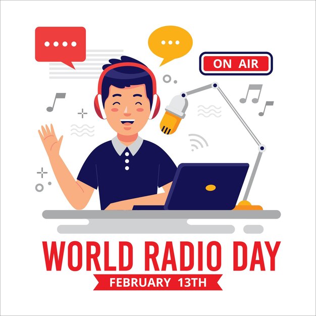 Flat design background world radio day with male