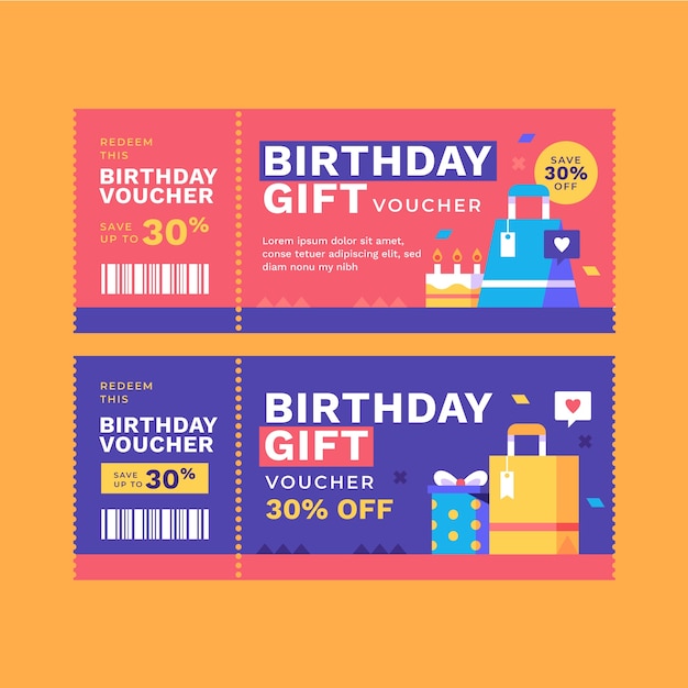 Flat design birthday gift voucher set