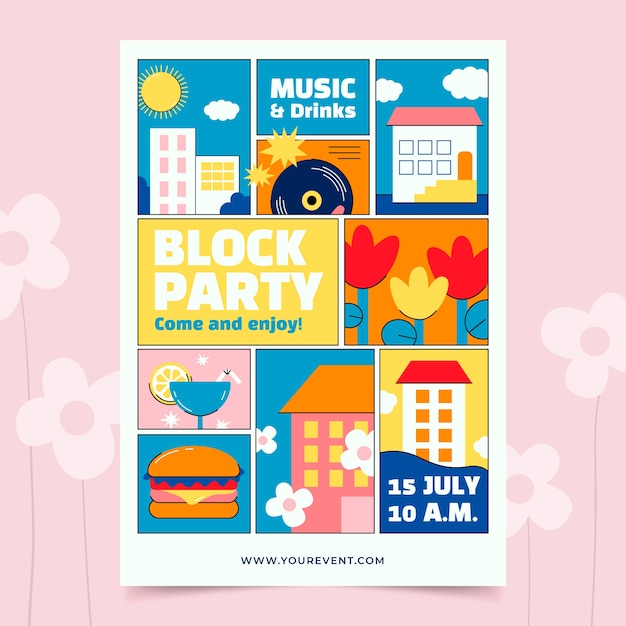 Flat design block party flyer design