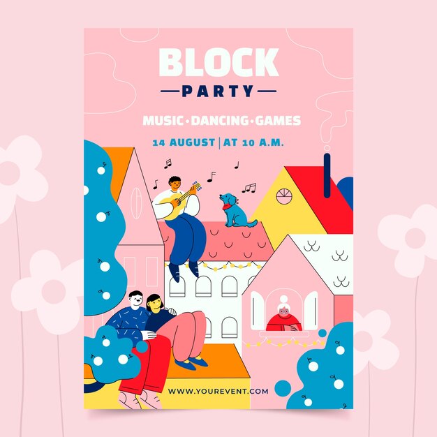 Flat design block party flyer template