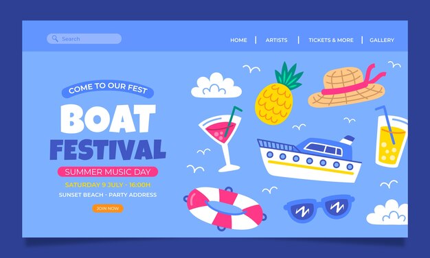 Flat design boat party landing page template