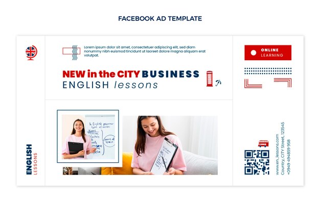 Flat design business english lessons facebook template