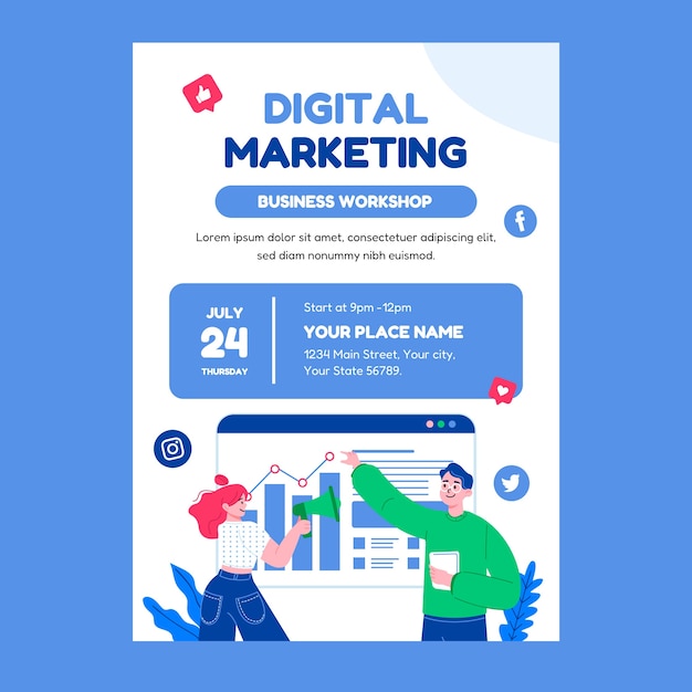 Flat design business workshop poster with leaves