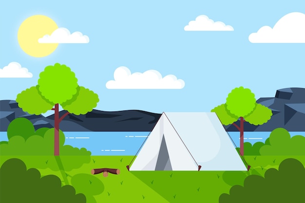 Free Vector flat design camping area landscape with tent and lake