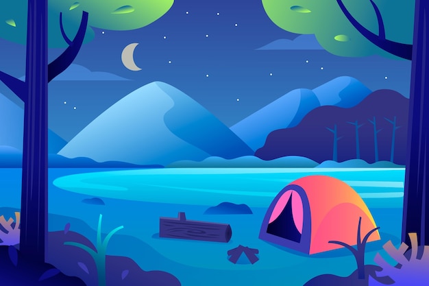 Flat design camping area landscape with tent and mountain at night