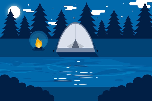 Flat design camping area landscape with tent at night