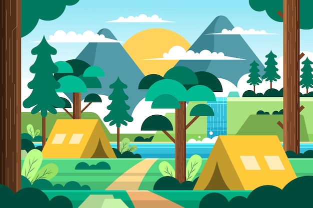 Flat design camping area landscape with tents and forest