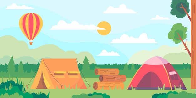 Flat design camping area landscape with tents and hot air balloon