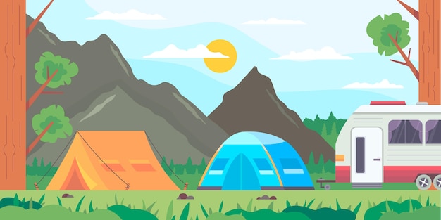 Flat design camping area landscape with tents and rv