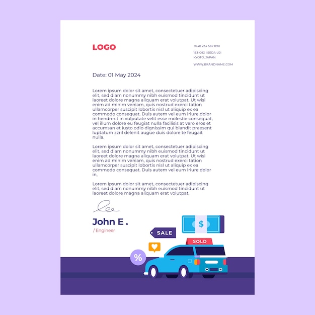 Flat design car dealership letterhead template