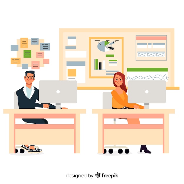 Flat design characters at office workplace