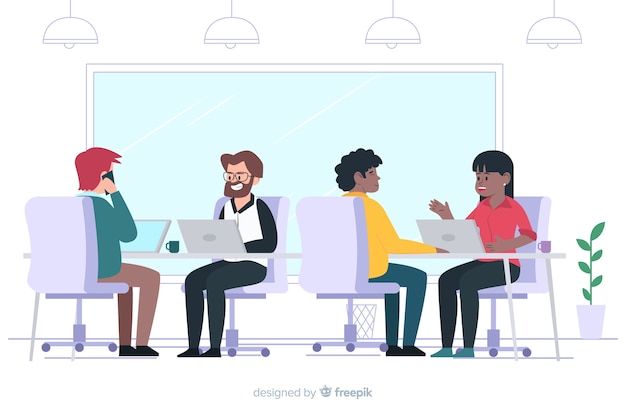 Flat design characters sitting at desks