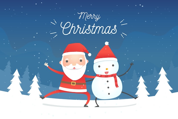 Flat design christmas background with santa and snowman