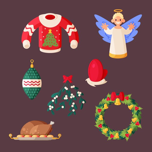 Flat design christmas element illustrations set