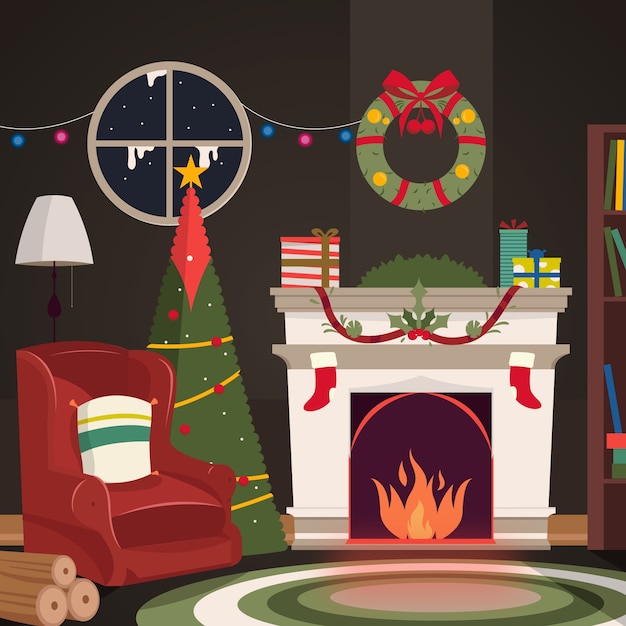 Free Vector flat design christmas fireplace scene