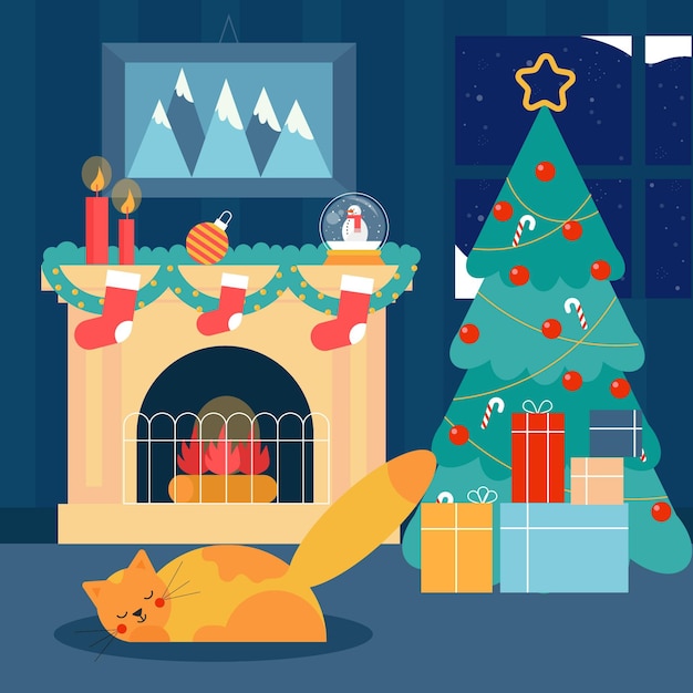 Flat design christmas fireplace scene