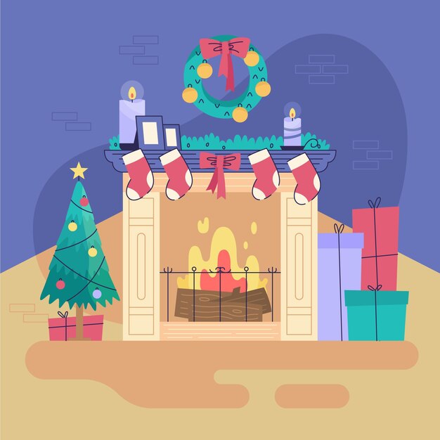 Flat design christmas fireplace scene