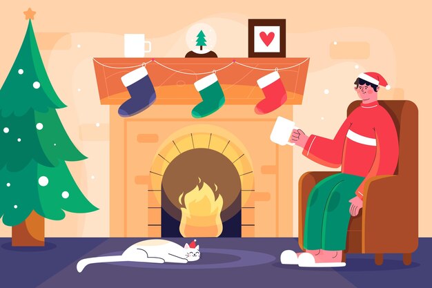 Flat design christmas fireplace scene