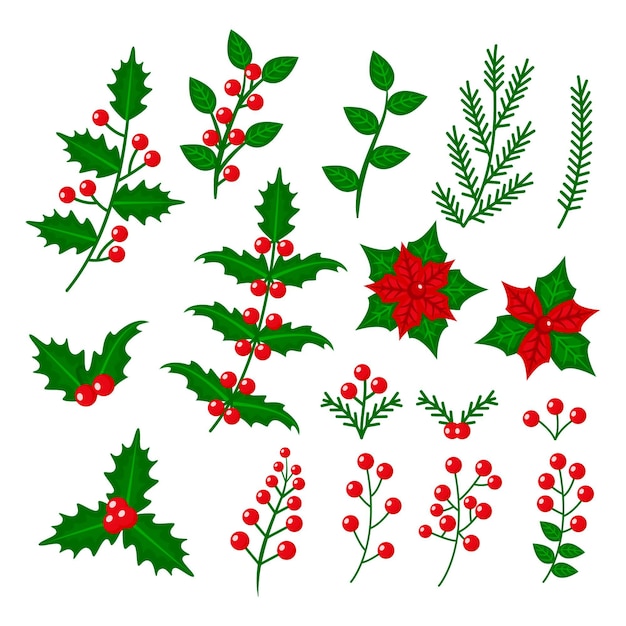 Flat design christmas flower and wreath pack