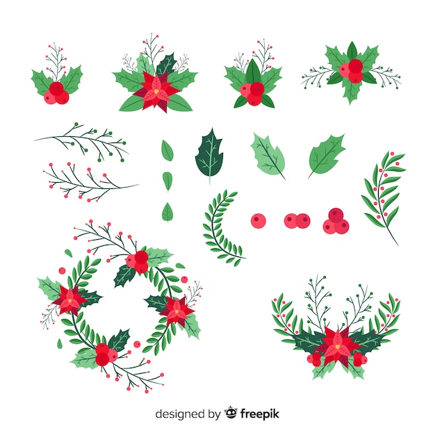 Flat design christmas flower & wreath set