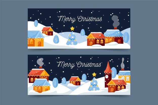 Flat design christmas town banners template