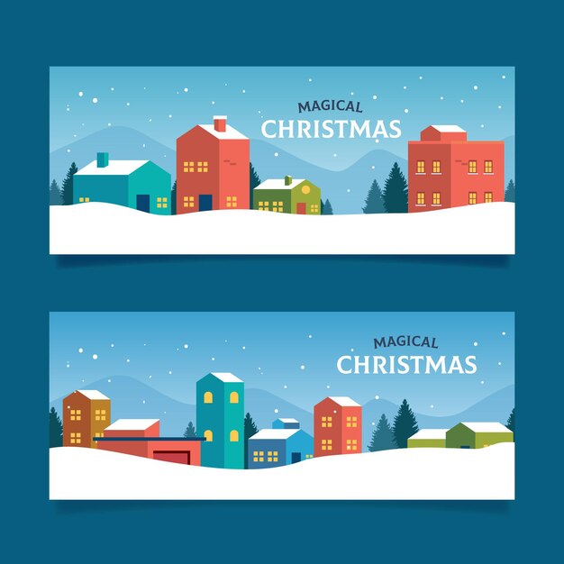 Flat design christmas town banners template