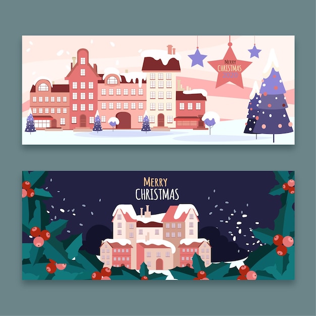 Flat design christmas town banners template