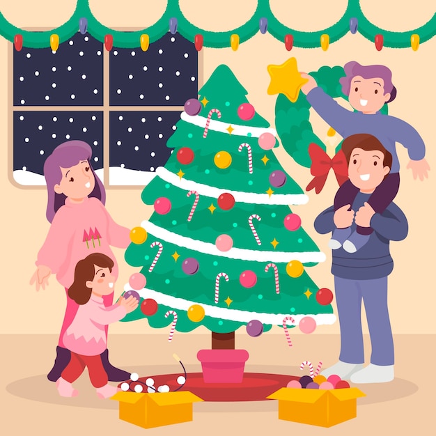 Free Vector flat design christmas tree decoration scene