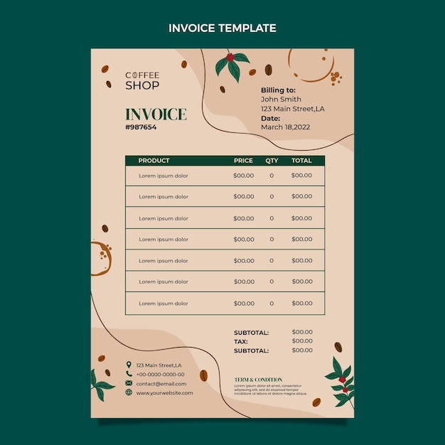 Flat design coffee shop invoice