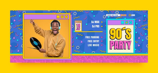 Flat design colorful 90s party facebook cover