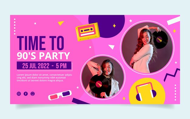 Flat design colorful 90s party facebook post template