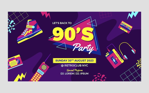 Flat design colorful 90s party facebook post