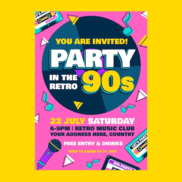 Flat design colorful 90s party invitation