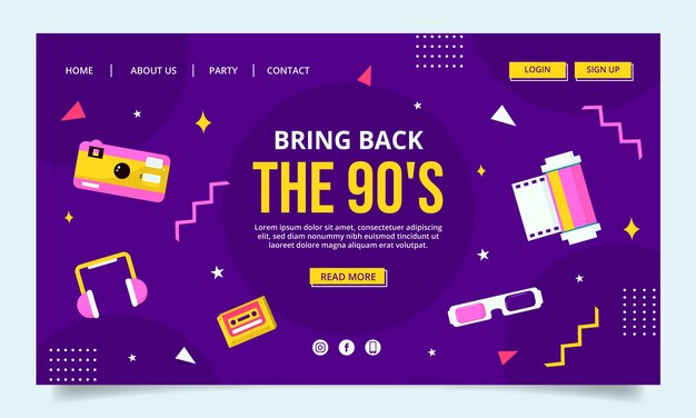 Flat design colorful 90s party landing page