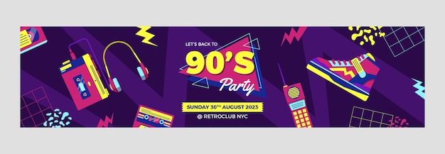 Flat design colorful 90s party twitch banner